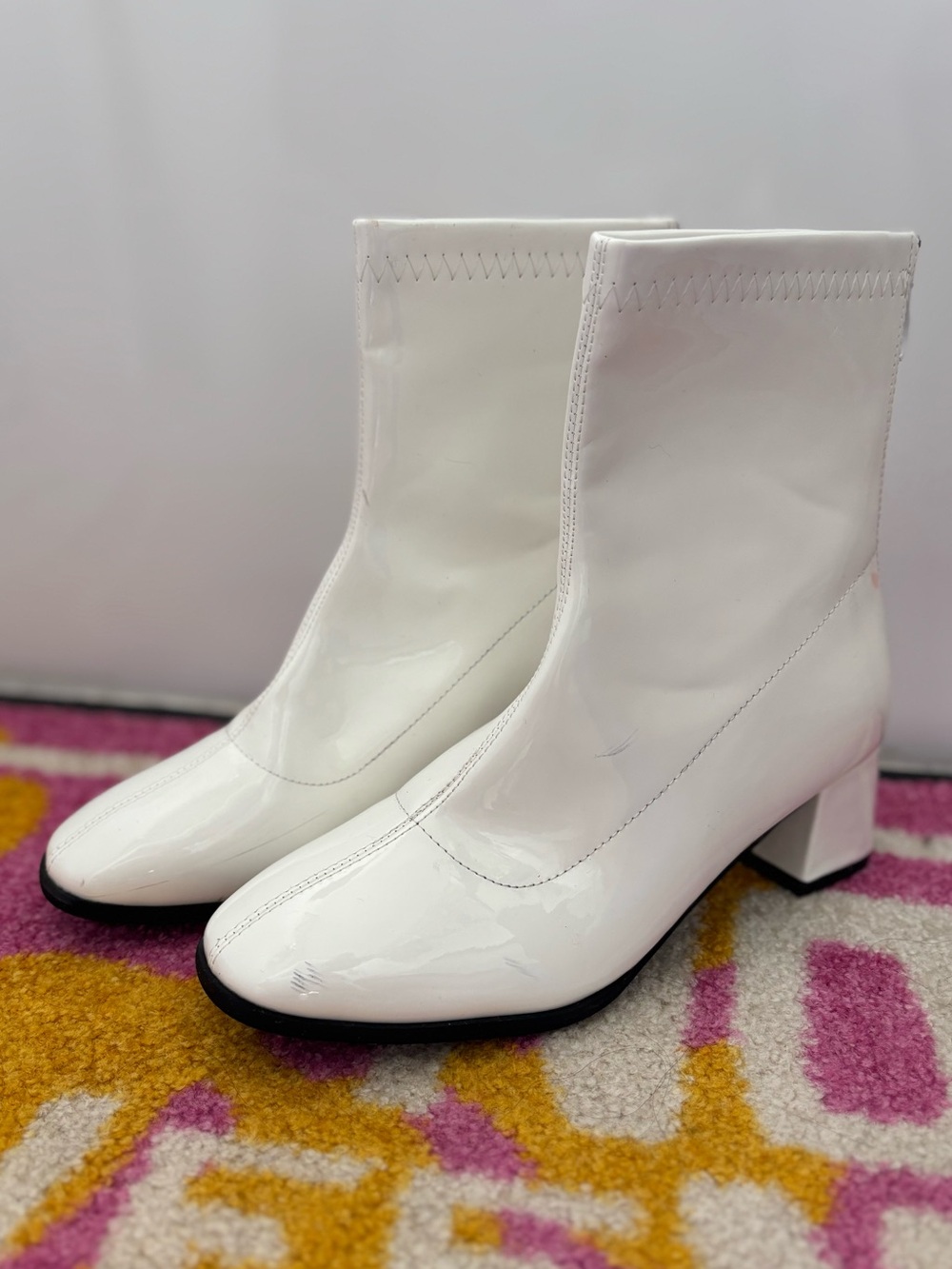 White Gogo Style Mid-Heel Ankle Boots